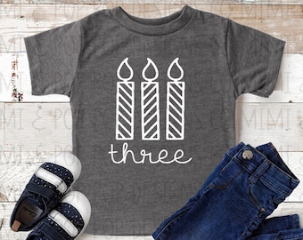 3rd Birthday Candles Shirt | Third Birthday Party Tee | Toddler and Youth T-shirts | Variety of Colors and Fonts | Celebrate 3 years old