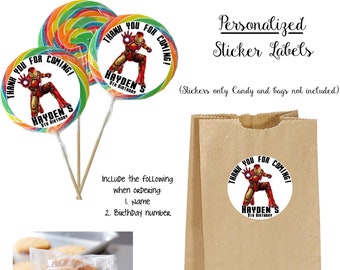 Iron man Stickers Lollipop Thank you personalized labels, Use for Goody Bags, envelope seals, Thank you notes