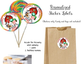 Farm Animals Personalized Lollipop Stickers, Use for Goody Bags, envelope seals, Farm yard Barnyard birthday theme animals
