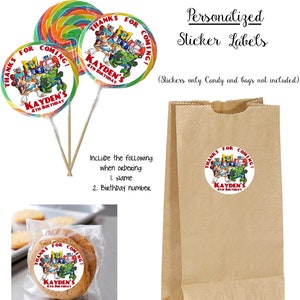May include: Round sticker labels with a cartoon image of a group of robots and the text "Thanks for coming! Kayden's 4th Birthday". The stickers are shown on a lollipop, a cookie, and a brown paper bag.