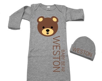 Baby Bear Layette Gown Set Newborn Baby Boy Coming Home Layette Gown Outfit Personalized Shower Gift Take Home Outfit Hat Gift