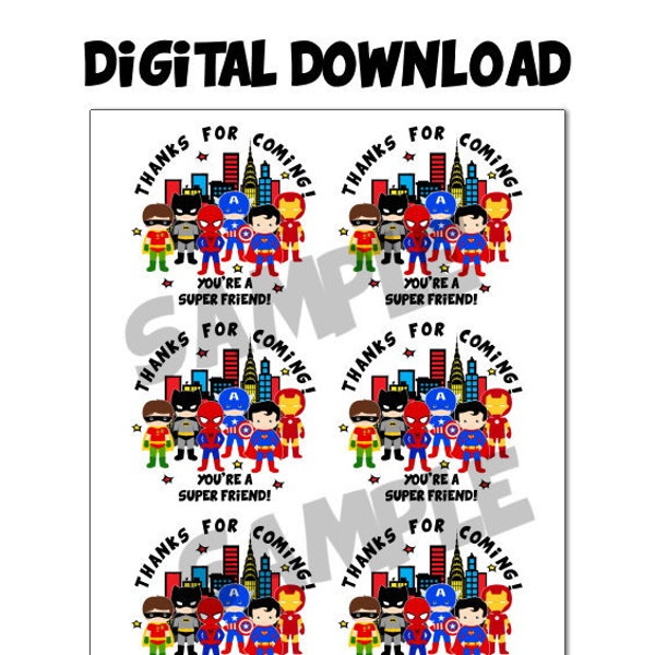 Superhero Kids Super Friend **digital download - Not a physical item ** birthday party, favor tags, stickers, super, hero, thank you note