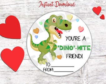 Dinosaur Valentine Dino-mite **digital download - Not a physical item ** valentines party, favor tags, stickers, card, treat bag tag