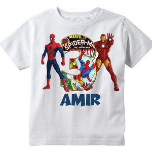 Iron man and Spiderman Superhero Personalized T-shirt, | Customize Name and Age | Tee Designs| Superhero Birthday Tee Ironman