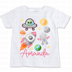 Space Girl Alien Tee Shirt | PERSONALIZE with Name | Spaceship Rocket Astronaut Theme Birthday | Blastoff pink space girl