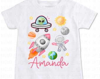 Space Girl Alien Tee Shirt | PERSONALIZE with Name | Spaceship Rocket Astronaut Theme Birthday | Blastoff pink space girl