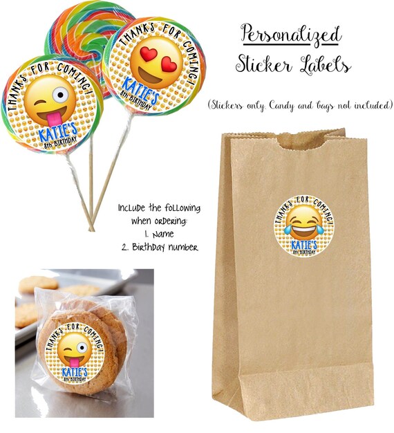 20 Emoji 2 inch Stickers Party Bag Tags Favors Lollipop Personalize ANY EMOJI 