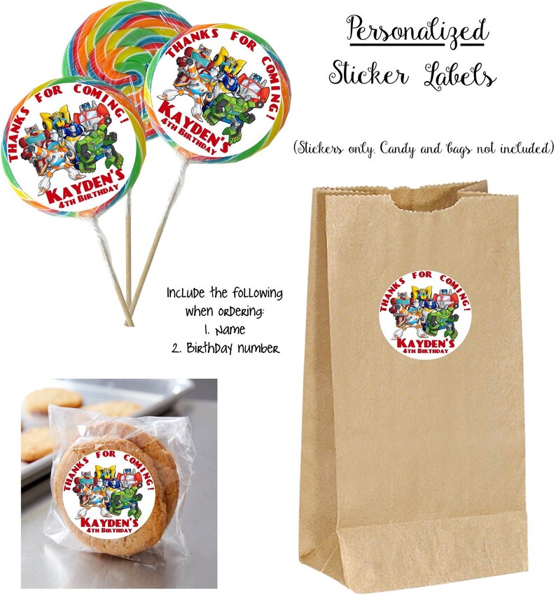 May include: Round sticker labels with a cartoon image of a group of robots and the text "Thanks for coming! Kayden's 4th Birthday". The stickers are shown on a lollipop, a cookie, and a brown paper bag.