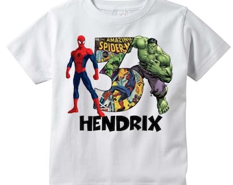 Hulk and Spiderman Superhero Personalized T-shirt, Customize NAME and AGE Tee Designs, Toddler, Youth, Adult Sizes, Birthday party custom