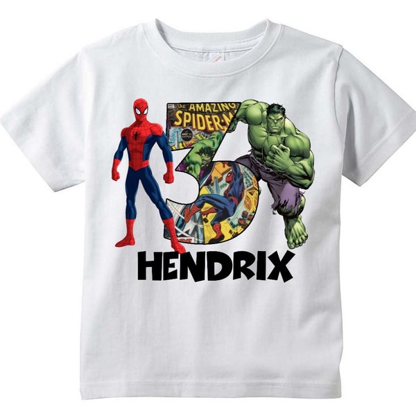 Hulk and Spiderman Superhero Personalized T-shirt, Customize NAME and AGE Tee Designs, Toddler, Youth, Adult Sizes, Birthday party custom