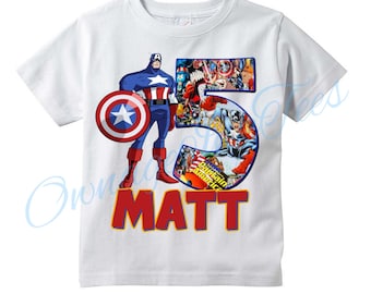 Captain America Superhero Personalized T-shirt, Customize NAME AGE Tee Designs, Toddler, Youth, Adult Sizes, Birthday party custom