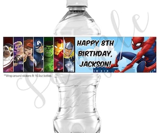 Avengers Water Bottle Labels, Self-adhesive, Personalized Custom, 8.5x2inch Labels, birthday, special occasion, refreshment stickers