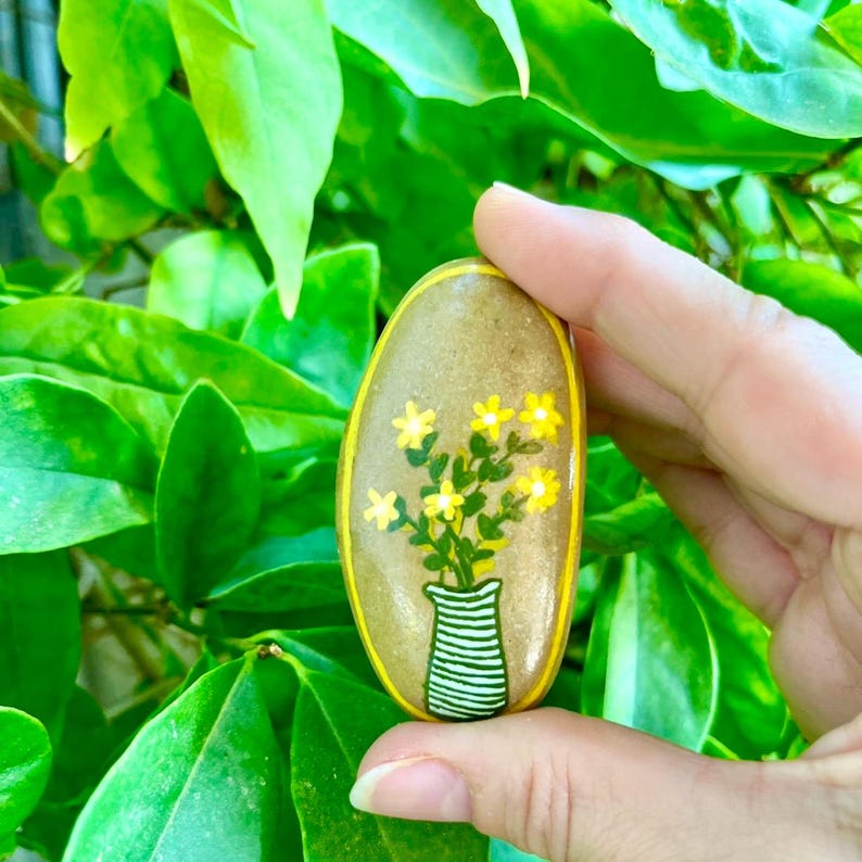 Yellow Flowers in Vase Painted Stone, Wild Flowers Rock,nature