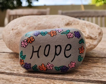 Hope painted rock, two sides with the word "hope", in English & Hebrew, word painted stone, inspiration stones, kindness rocks, hope art