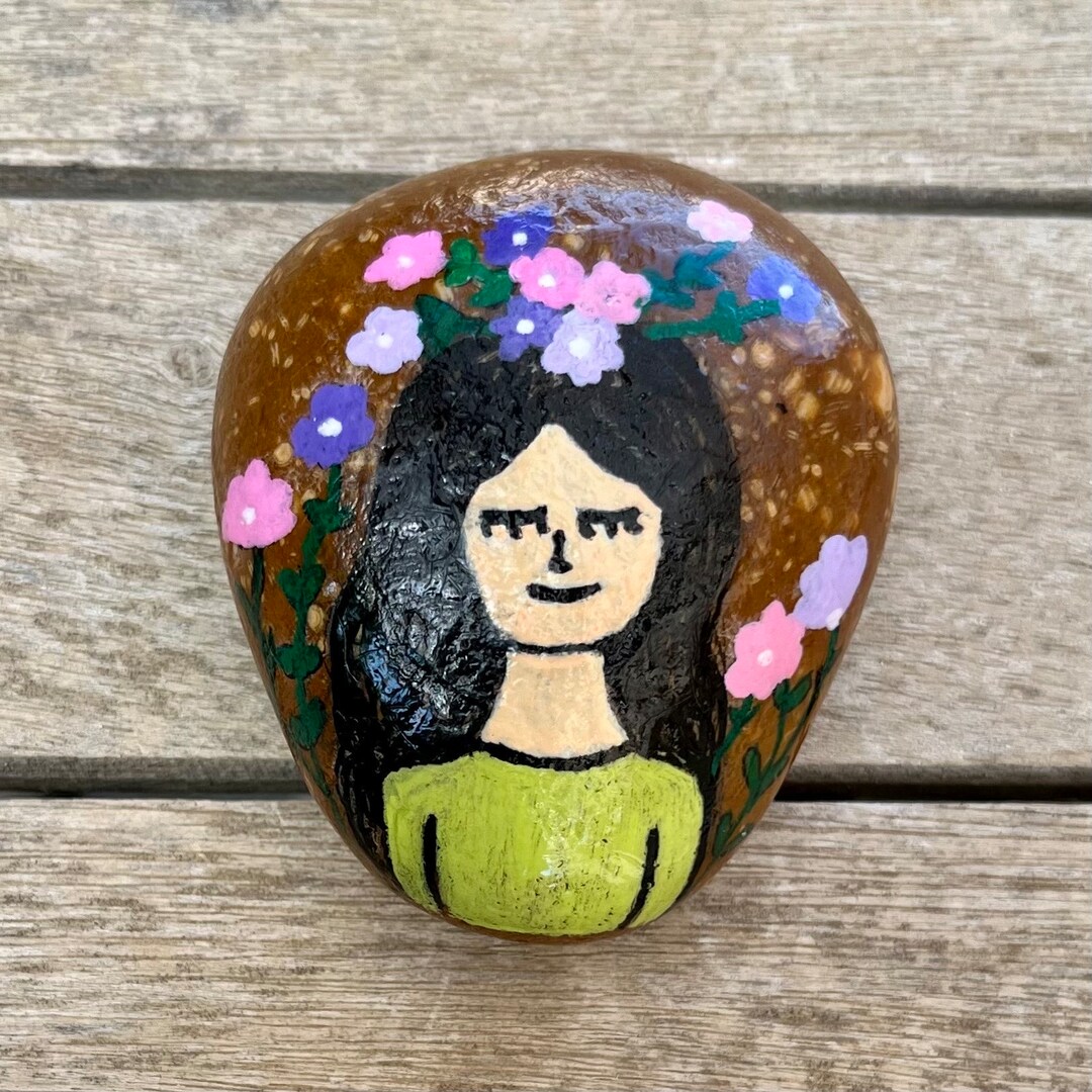 Woman Painted Stone, Woman With Flowers Art, Woman on Rock, Woman Art ...