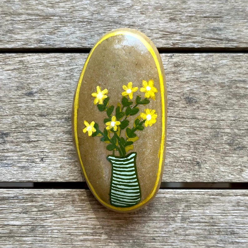 Yellow Flowers in Vase Painted Stone, Wild Flowers Rock,nature