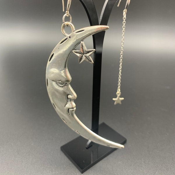 Large Asymmetric Moon Earrings,Dangly Crescent and Star earrings,Large Dangly Moon Earrings,Moon and Star Extra lange Earrings,Mono earrings