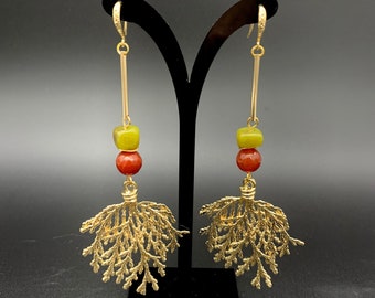 Long gold Leaf earrings, Large Unique Leaf Earrings, Dangle Gemstone Earrings, Unique Extra Long Earrings, lon leaf carnelian jade earrings