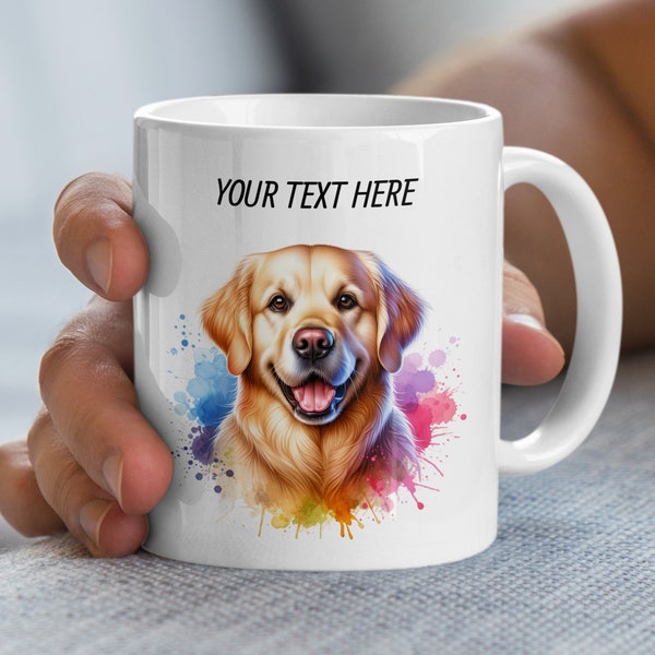 Golden Retriever Mug, Colorful Watercolor Dog Print, Custom Text Coffee Cup, Personalized Pet Lover Gift, Bright Artistic Puppy Design