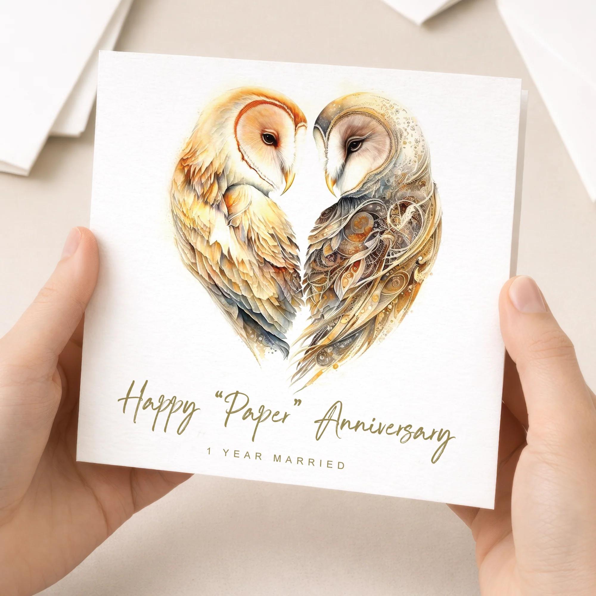 1st Anniversary Paper Owl Card for Husband or Wife