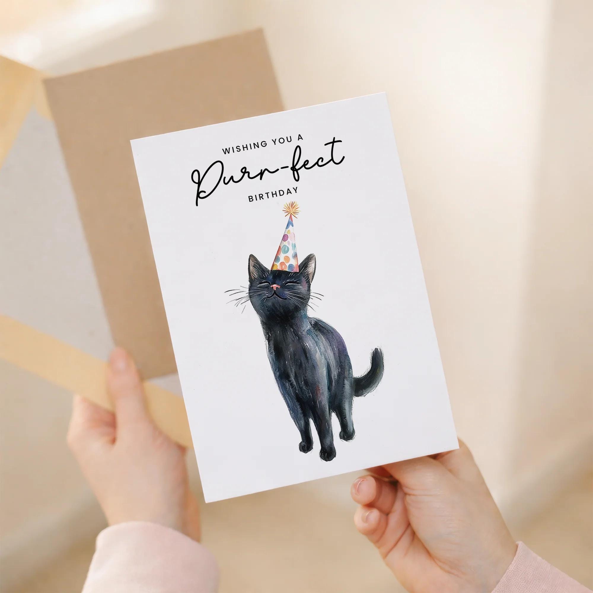 Black Cat Birthday Card - Cute Cat Lover Card With Party Hat - Purr ...