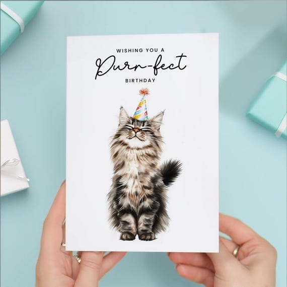 Maine Coon Cat Birthday Card - Cute Cat Lover Card with Party Hat - Purr-fect Birthday Greeting Card for Cat Owners