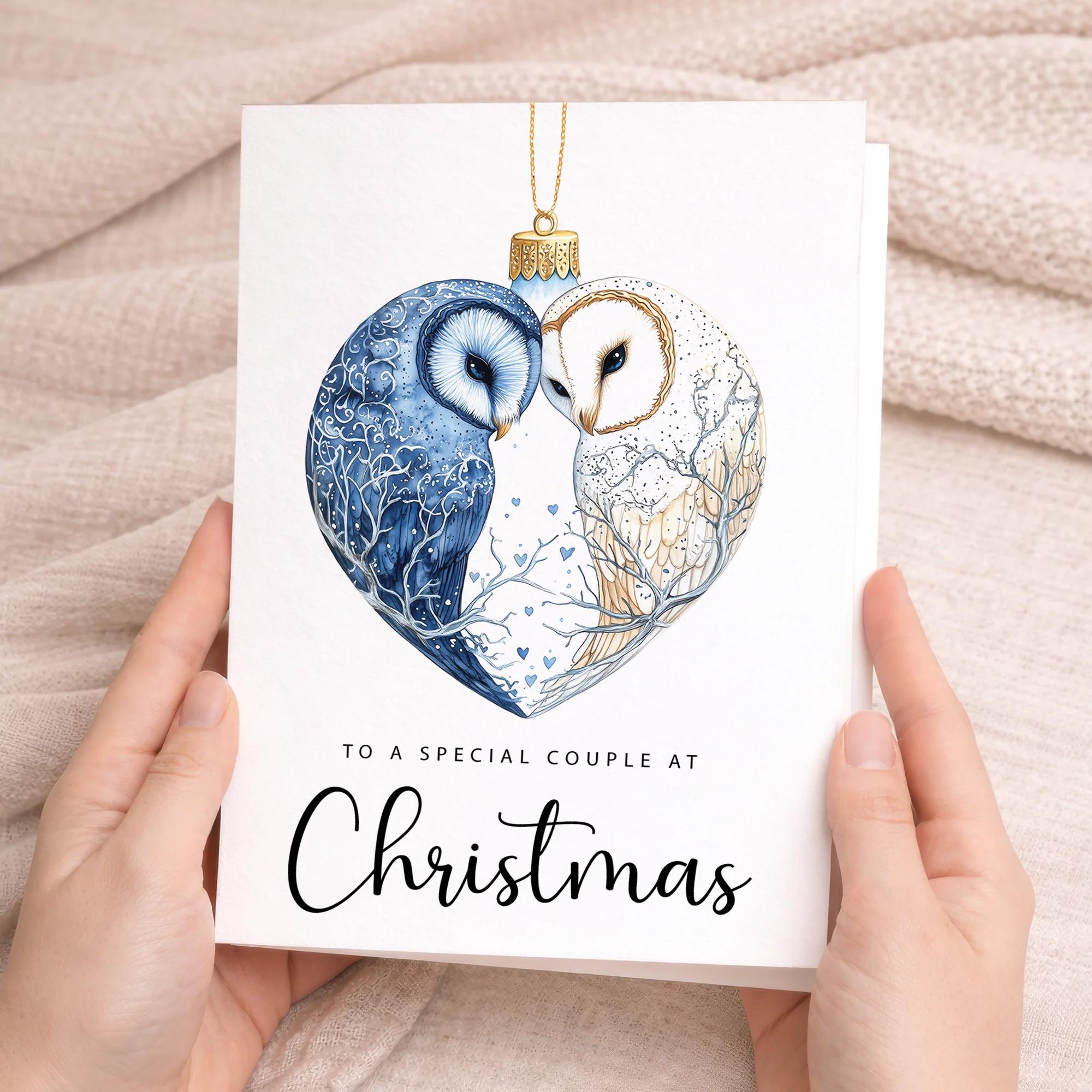Christmas Card For Couple Owls Bauble Love Heart Illustration Romantic Christmas Card For Special Co