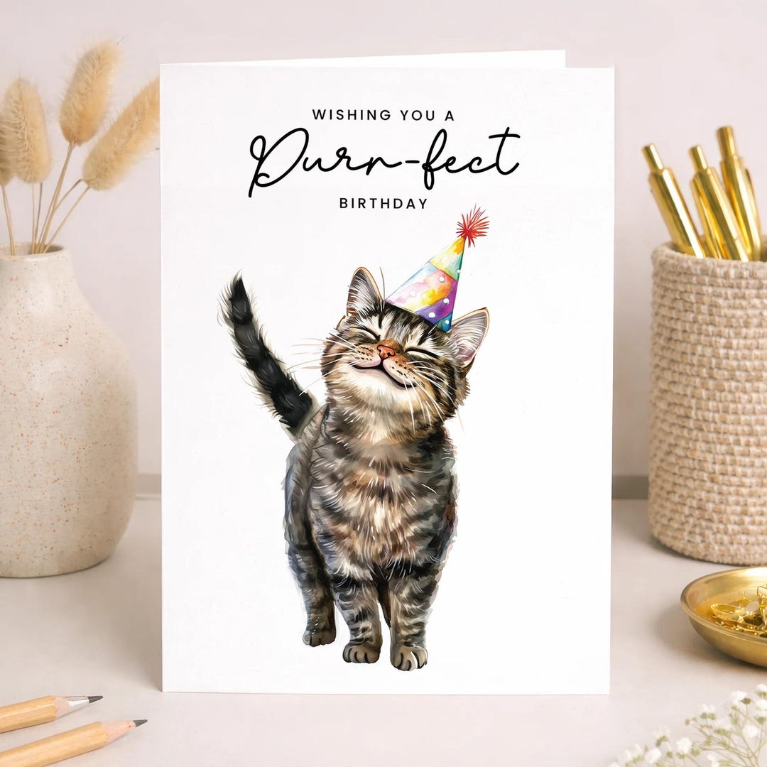 Brown Tabby Cat Birthday Card - Cute Cat Lover Card With Party Hat ...