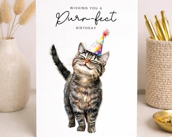 Brown Tabby Cat Birthday Card - Cute Cat Lover Card with Party Hat - Purr-fect Birthday Greeting Card for Cat Owners