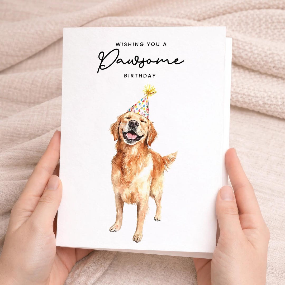 Golden Retriever Birthday Card - Cute Dog Lover Card With Party Hat ...