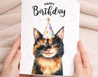 Tarjeta de cumpleaños para él o ella con ilustración de un gato carey. Regalo de cumpleaños para él o ella.