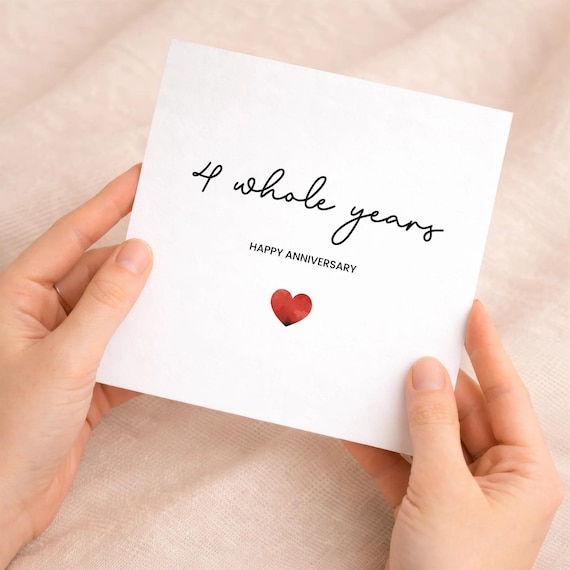4th Anniversary Card For Wife, Husband, Girlfriend or Boyfriend, Simple Love Heart, Modern & Charming Gesture