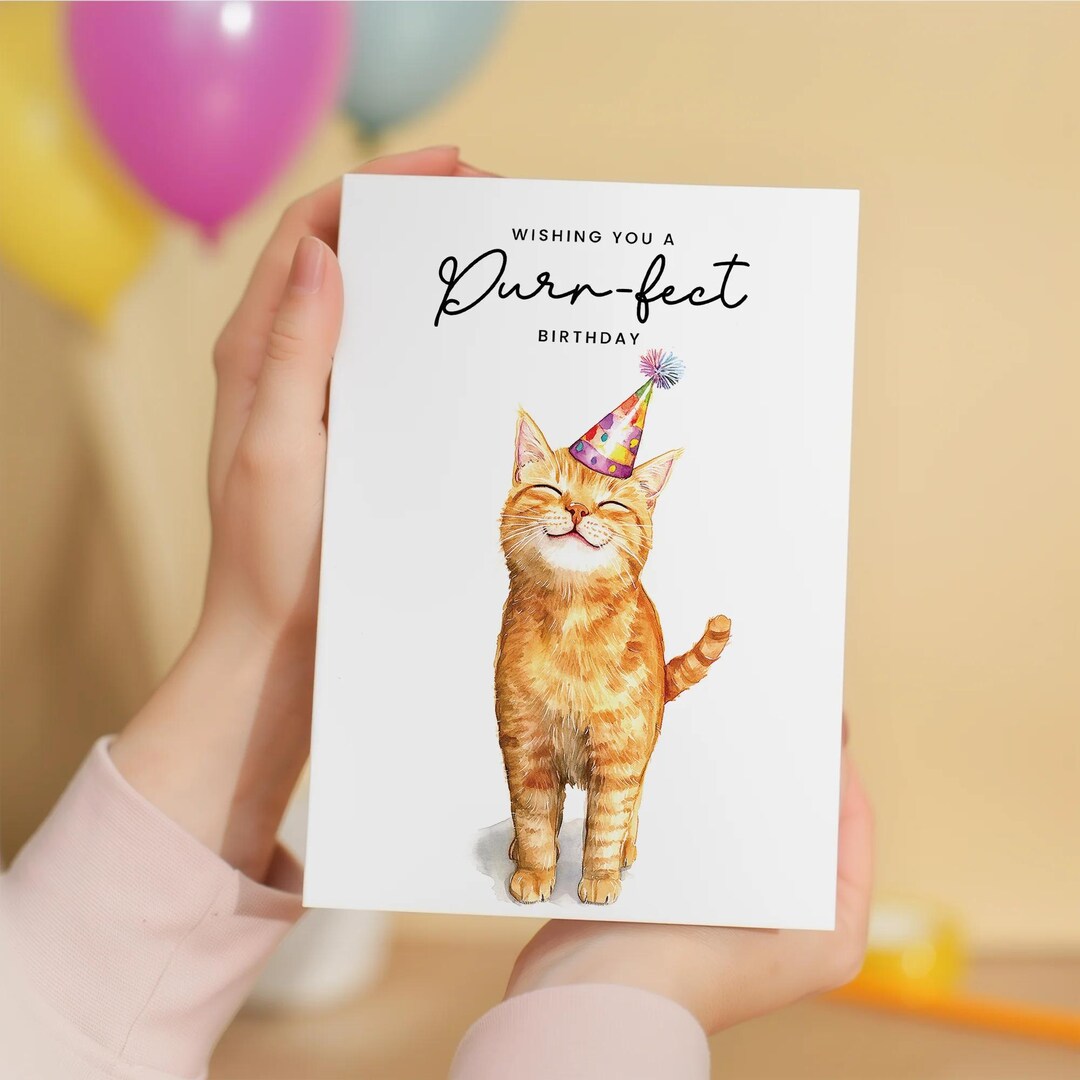 Orange Tabby Cat Birthday Card - Cute Cat Lover Card With Party Hat ...