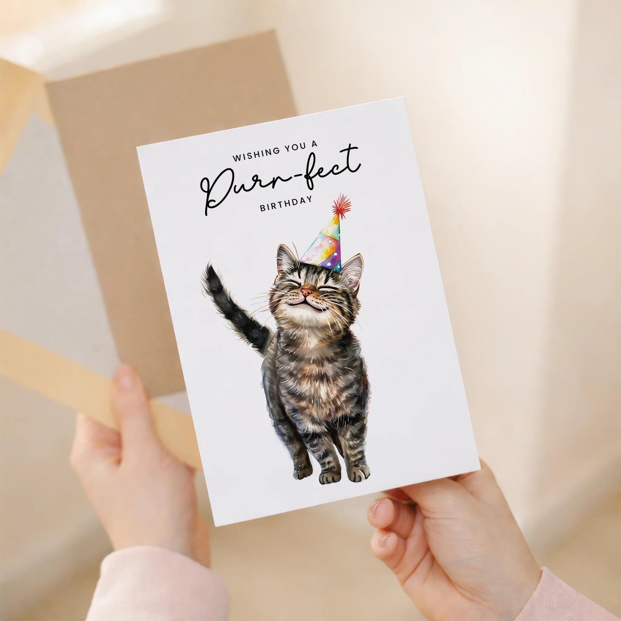 Brown Tabby Cat Birthday Card - Cute Cat Lover Card With Party Hat ...