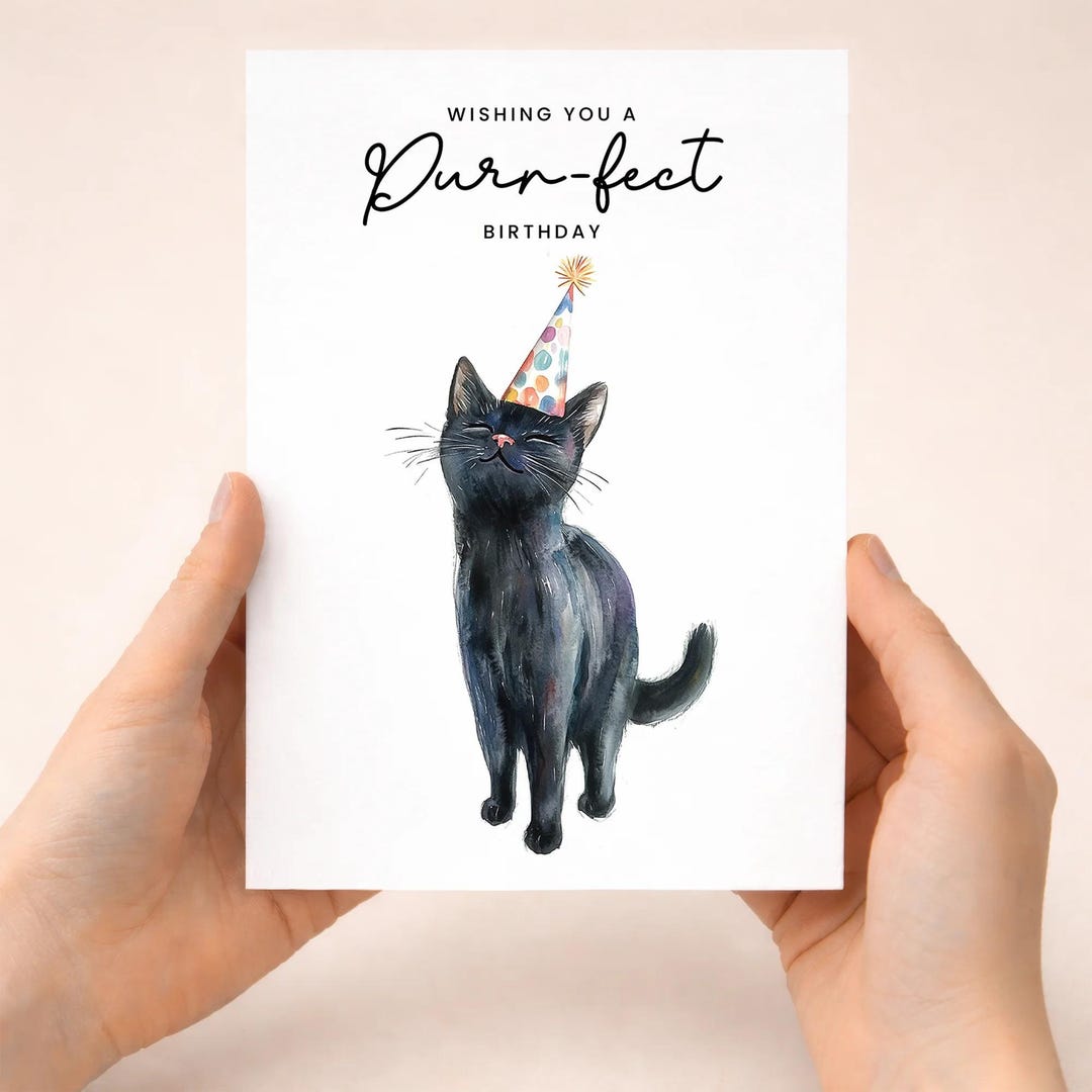 Black Cat Birthday Card - Cute Cat Lover Card With Party Hat - Purr ...