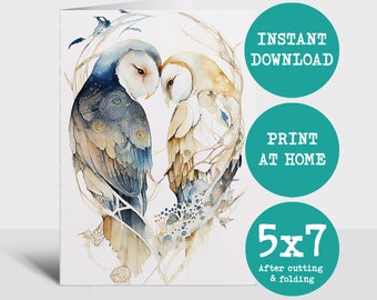 Druckbare Jahrestags-Karte für Mann-Karte oder Frau Eulen-Jubiläumskarte Verlobungs- oder Hochzeitskarte Digitaler Download Druck zu Hause Karte