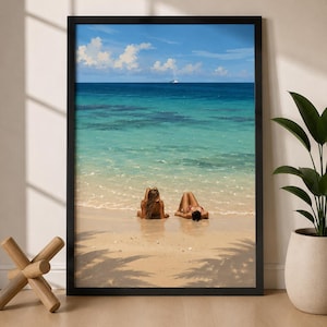 Tropical Beach Scene Print, Coastal Ocean Artwork, Two Women Sunbathing (Framed/Unframed)