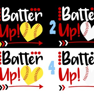 May include: Four baseball-themed designs with the text "Batter Up!" and a baseball heart. The numbers 1, 2, 3, and 4 are included in each design.