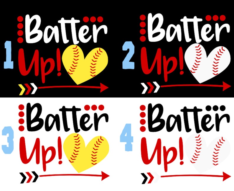 May include: Four baseball-themed designs with the text "Batter Up!" and a baseball heart. The numbers 1, 2, 3, and 4 are included in each design.