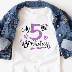 5th Birthday Girl Shirt: Purple Glitter Fifth Birthday Tee