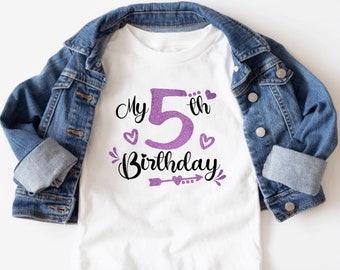 5th Birthday Girl Shirt: Purple Glitter Fifth Birthday Tee
