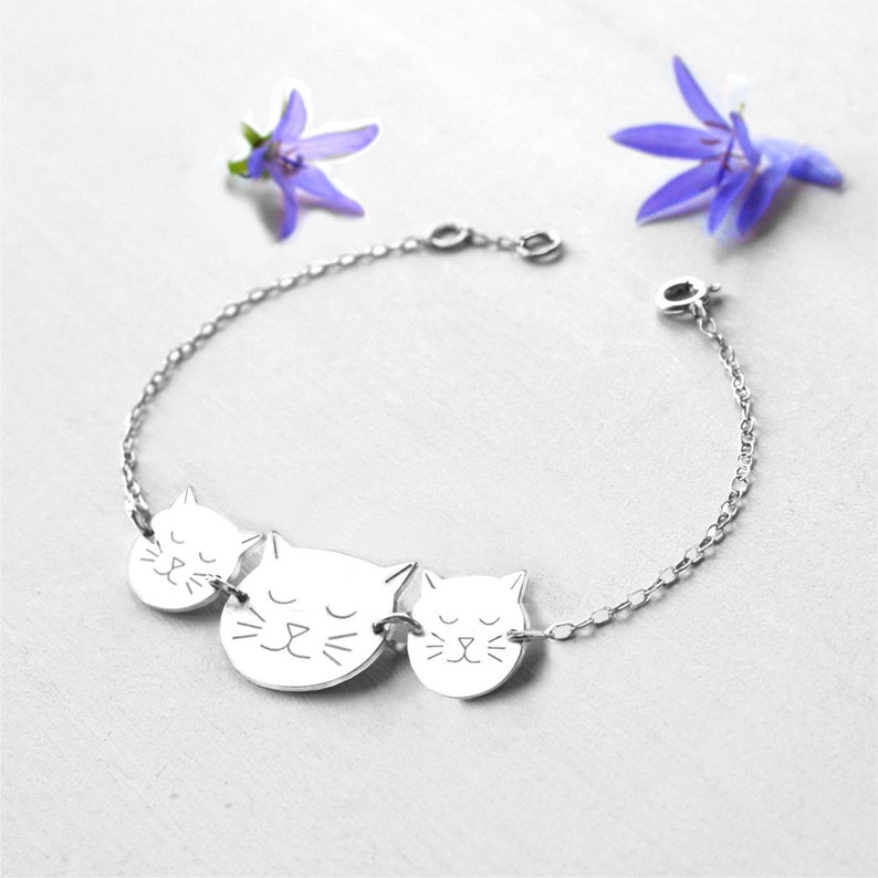 cat bracelet birthday gift for mum Personalised Sterling Silver Mummy and Baby Cat Faces Bracelet cat lovers gift Mother/'s Day gift