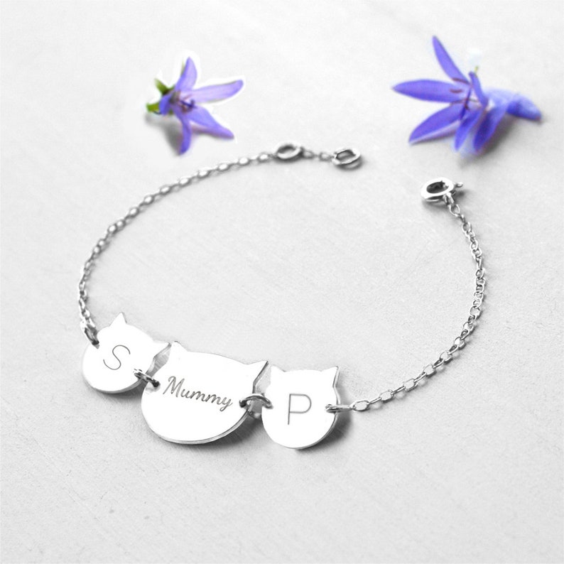 cat bracelet birthday gift for mum Personalised Sterling Silver Mummy and Baby Cat Faces Bracelet cat lovers gift Mother/'s Day gift