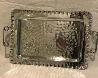 Vintage Metal Serving Tray - Hammered Background Pattern Scalloped Edges