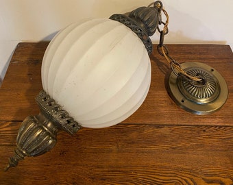 Vintage Art Deco Brass Ceiling Mount Light Fixture with Ribbed Glass Globe