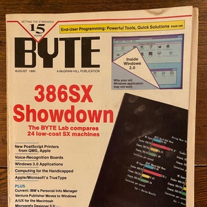 May include: A vintage cover of BYTE magazine from August 1990, featuring a red and white headline "386SX Showdown" and a subheading "The BYTE Lab compares 24 low-cost SX machines". The cover also includes a screenshot of the "Inside Windows 3.0" program.