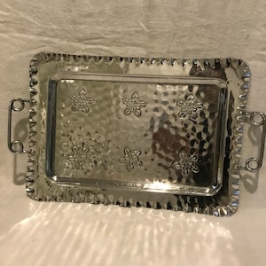 Vintage Metal Serving Tray - Hammered Background Pattern Scalloped Edges