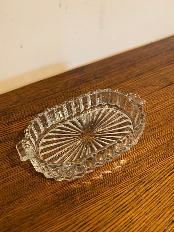 Vintage Pressed Glass Oval Starburst Pattern Trin… - image 1