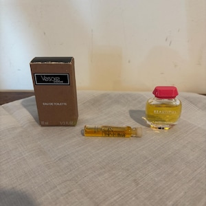 Trío de mini perfumes vintage – Versace L’Homme, Estée Lauder Beautiful & Volcan Intense – Minis de los años 1970 y 1980