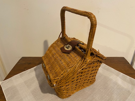 Vintage Small Wicker Basket With Lid and Leather and Metal Clasp